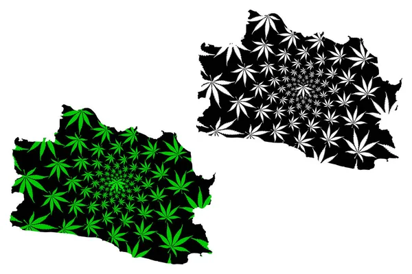 West Java (Subdivisões da Indonésia, Províncias da Indonésia) mapa é projetado folha de cannabis verde e preto, Jawa Barat mapa feito de maconha (maconha, THC) folhagem — Vetor de Stock