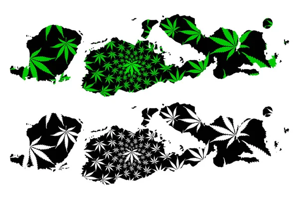 West Nusa Tenggara (Subdivisions of Indonesia, Provinces) map is designed cannabis leaf green and black, Nusa Tenggara Barat (Lesser Sunda Islands) map made of marijuana (marihuana,THC) foliage — Stock Vector