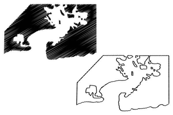 Военно-морская база Гуантанамо (Республика Куба, Соединенные Штаты Америки), векторная иллюстрация, каракули эскиз залива Гуантанамо (NSGB, GTMO, Gitmo, военно-морская база) карта — стоковый вектор