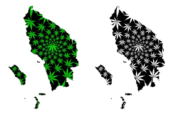 北スマトラ(インドネシアのサブディビジョン、インドネシアの州)マップは、大麻の葉緑と黒、マリファナ(マリフアナ、Thc)の葉で作られたスマテラウタラマップを設計されています — ストックベクタ
