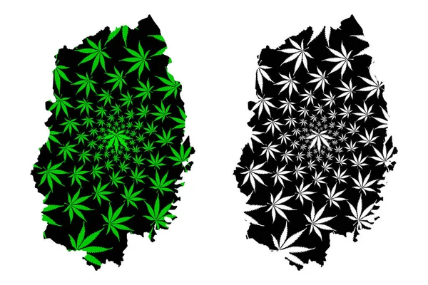 Iwate Prefectura (Divisiones administrativas de Japón, Prefecturas de Japón) mapa está diseñado hoja de cannabis verde y negro, Iwate mapa hecho de marihuana (marihuana, THC) follaje — Vector de stock