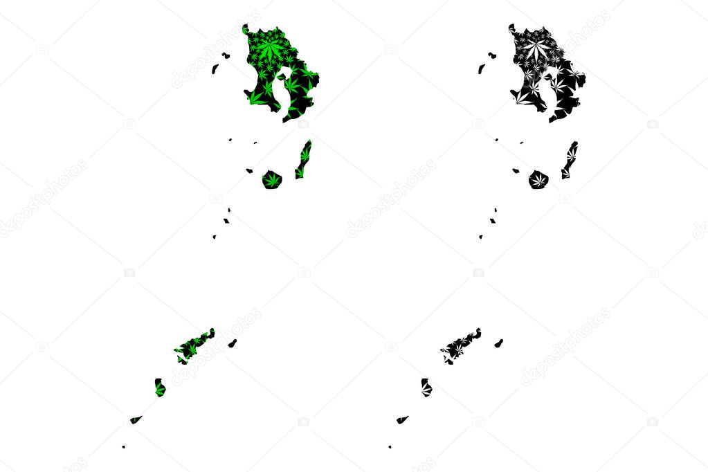 Kagoshima Prefecture (Administrative divisions of Japan, Prefectures of Japan) map is designed cannabis leaf green and black, Kagoshima map made of marijuana (marihuana,THC) foliage