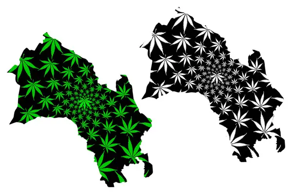 Buskerud (divisões administrativas da Noruega, Reino da Noruega) mapa é projetado folha de cannabis verde e preto, Buskerud fylke mapa feito de maconha (maconha, THC) folhagem — Vetor de Stock