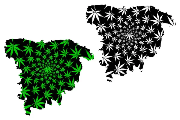 Sylhet Division (División Administrativa de Bangladesh) mapa está diseñado hoja de cannabis verde y negro, Greater Sylhet mapa hecho de marihuana (marihuana, THC) follaje — Archivo Imágenes Vectoriales