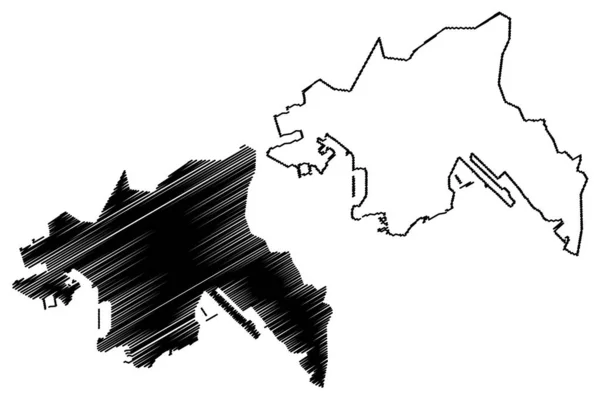 Коулун регіон (Гонконг спеціальний адміністративний район Китайської Народної Республіки, Гонконг SAR) карта Векторна ілюстрація, Писанина ескіз півострів Коулун та Нова Коулун ма — стоковий вектор