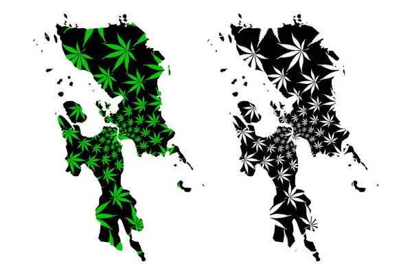 東ビサヤ地域(フィリピンの地域と州,フィリピン)地図は大麻の葉の緑と黒を設計されています,地域VIII地図マリファナで作られています(マリファナ, Thc)葉 — ストックベクタ