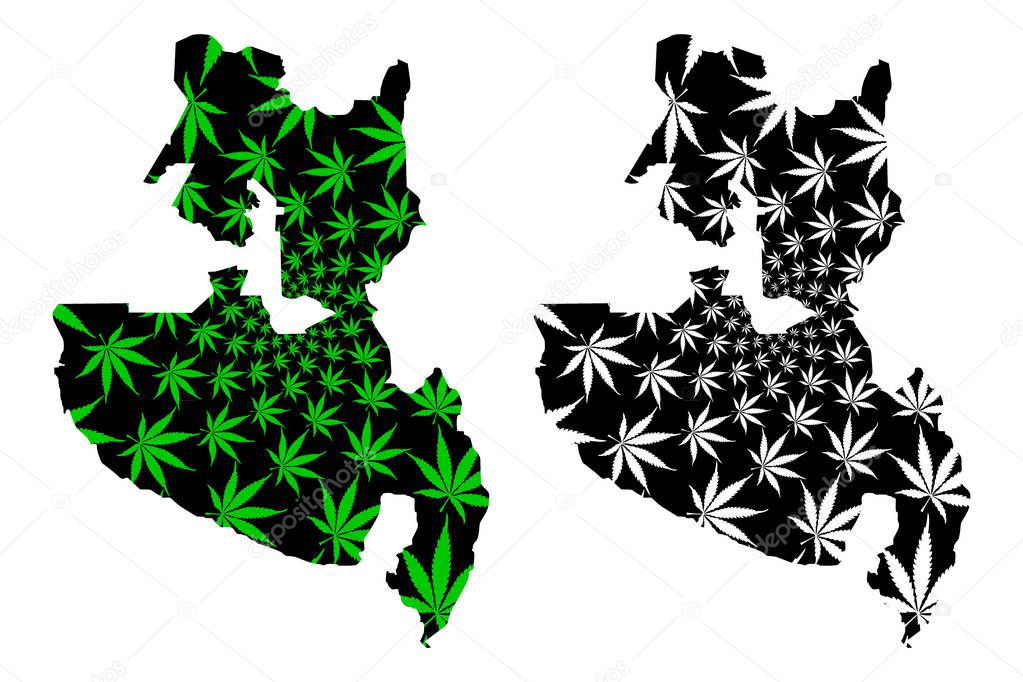 Soccsksargen Region (Regions and provinces of the Philippines) map is designed cannabis leaf green and black, Central Mindanao (Region XII) map made of marijuana (marihuana,THC) foliage