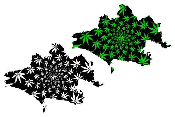 Dorset (United Kingdom, England, Non-metropolitan county, shire county) map is designed cannabis leaf green and black, Dorsetshire map made of marijuana (marihuana,THC) foliag — Stock Vector