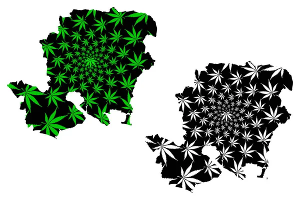 Hampshire (Reino Unido, Inglaterra, condado não metropolitano, condado de shire) mapa é projetado folha de cannabis verde e preto, Hampshire (Hants) mapa feito de maconha (marihuana, THC) foliag — Vetor de Stock