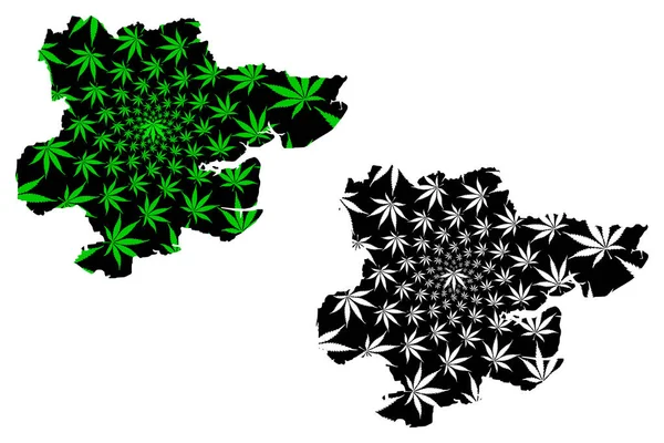 Essex (Ηνωμένο Βασίλειο, Αγγλία, μη μητροπολιτική κομητεία, κομητεία του Shire) χάρτης έχει σχεδιαστεί φύλλα κάνναβης πράσινο και μαύρο, Essex χάρτη από μαριχουάνα (marihuana, Thc) foliag — Διανυσματικό Αρχείο