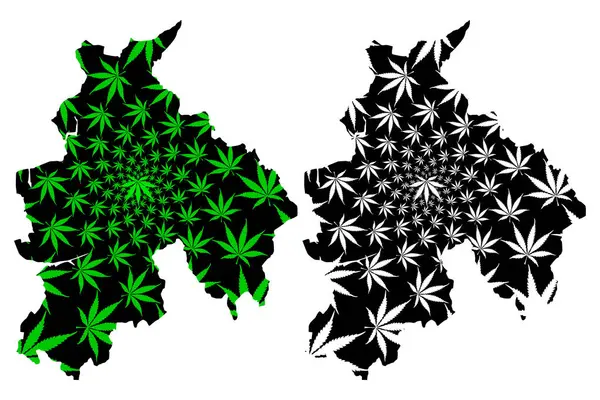 Lancashire (Reino Unido, Inglaterra, condado no metropolitano, condado de shire) mapa está diseñado verde hoja de cannabis y negro, Lancs. mapa hecho de marihuana (marihuana, THC) foliag — Archivo Imágenes Vectoriales