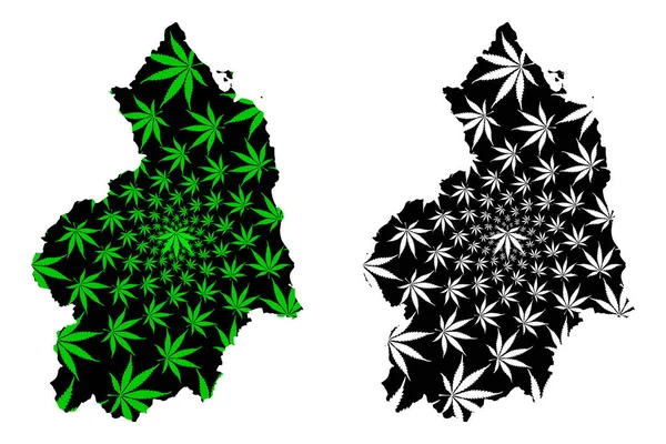 Northumberland (Reino Unido, Inglaterra, Condado no metropolitano, condado de shire) mapa está diseñado hoja de cannabis verde y negro, Northd mapa hecho de marihuana (marihuana, THC) foliag — Vector de stock