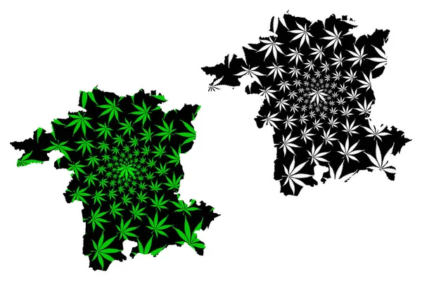 Worcestershire (Reino Unido, Inglaterra, condado não metropolitano, condado de shire) mapa é projetado folha de cannabis verde e preto, Worcs mapa feito de maconha (maconha, THC) foliag — Vetor de Stock