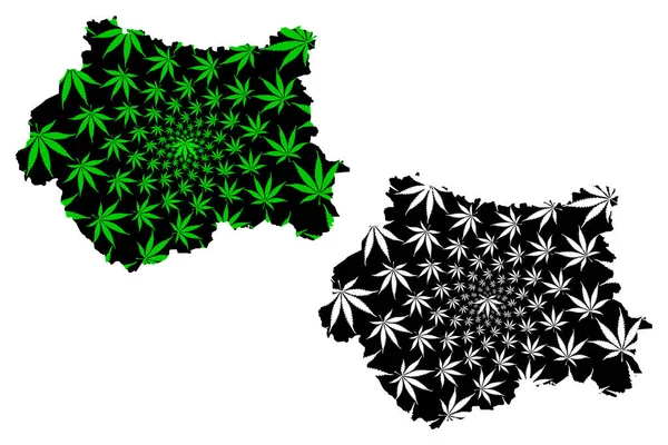West Yorkshire (Reino Unido, Inglaterra, condado metropolitano) mapa é projetado folha de cannabis verde e preto, mapa de West Yorkshire feito de maconha (maconha, THC) foliag — Vetor de Stock