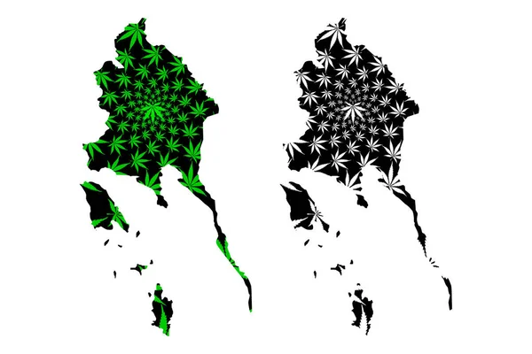 Carte de la province de Trat (Royaume de Thaïlande, Siam, provinces de Thaïlande) est conçu feuille de cannabis vert et noir, Carte de Trat faite de marijuana (marihuana, THC) foliag — Image vectorielle