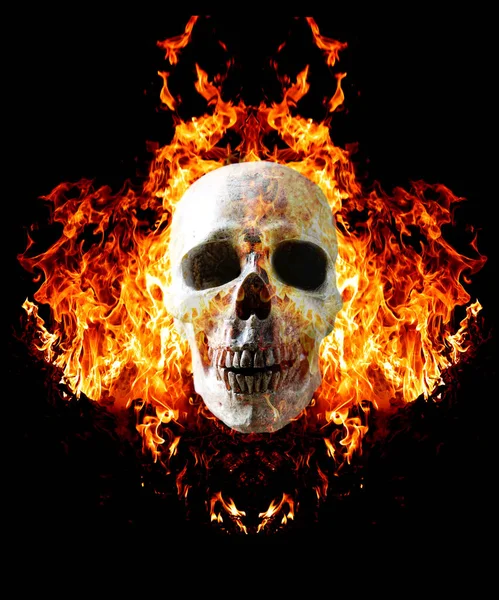 Totenkopf Flammen Auf Dunkelschwarzem Hintergrund Das Symbol Des Todes — Stockfoto