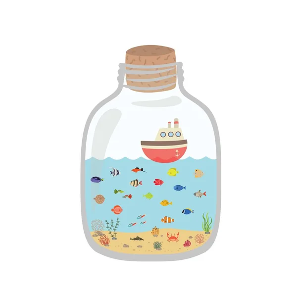 Υποβρύχιο κόσμο των κινουμένων σχεδίων σε ένα μπουκάλι, εξωτικά πολύχρωμα ψάρια — Διανυσματικό Αρχείο