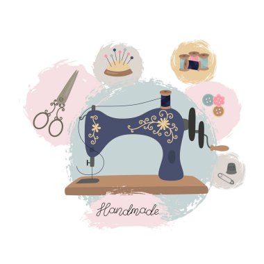 Dikiş atölyesi veya bir terzi Dükkanı. Elle çizilmiş bağbozumu dikiş makinesi.