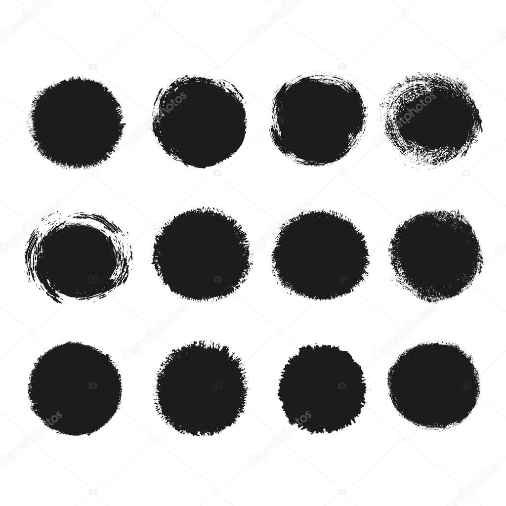 Set of vector round grunge frames. Hand drawn design elements. Abstract ink shapes isolated on white