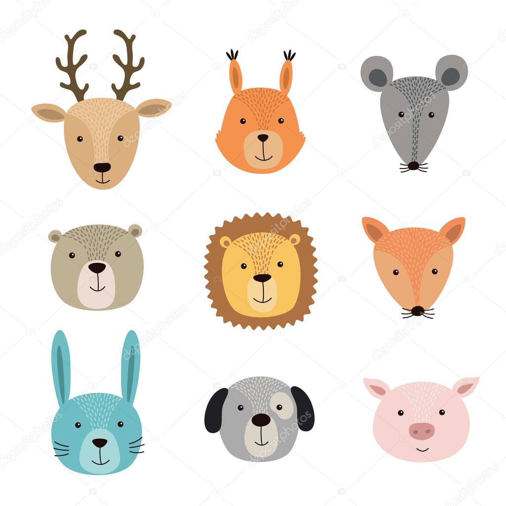 Vector illustration of animal faces including deer, squirrel, hare, lion, pig, fox, mouse, dog, bear