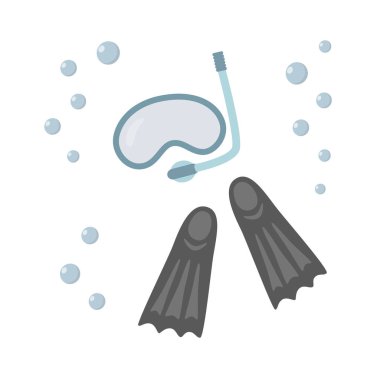 Snorkel, flippers isolated on white background. Blue diving mask, snorkel and pair of grey flippers. Fins, scuba mask and tube. Water bubbles clipart