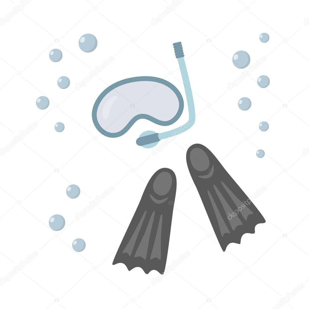 Snorkel, flippers isolated on white background. Blue diving mask, snorkel and pair of grey flippers. Fins, scuba mask and tube. Water bubbles