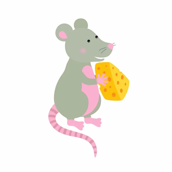 Desen animat desene animate desenate mouse-ul personaj cu o bucată de brânză — Vector de stoc