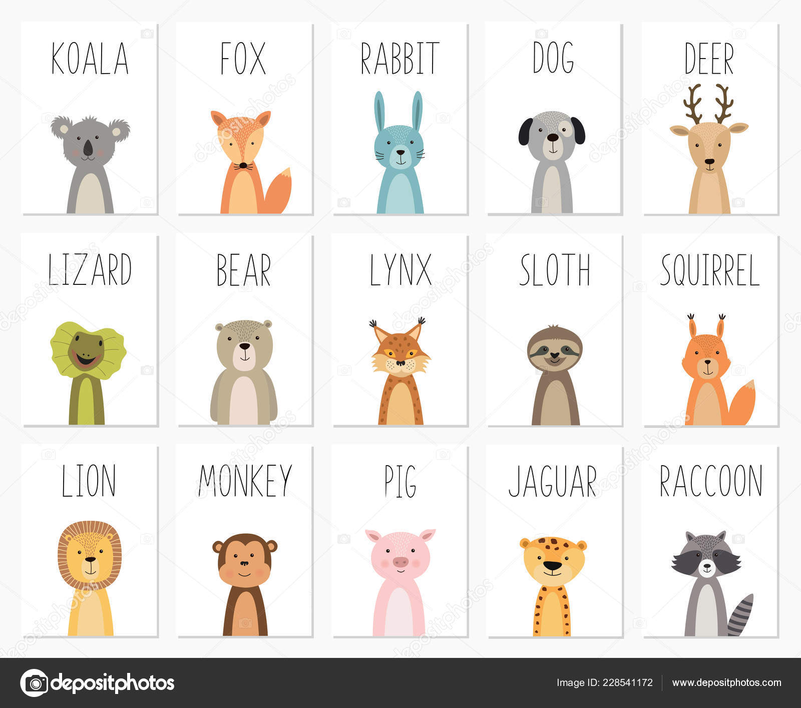 Set of cute animals poster,template,cards,bear ,rabbit, koala, fox, deer,  pig, lizard, lynx, squirrel, raccoon, lion, monkey, dog, sloth, jaguar  Stock Vector Image by © #228541172
