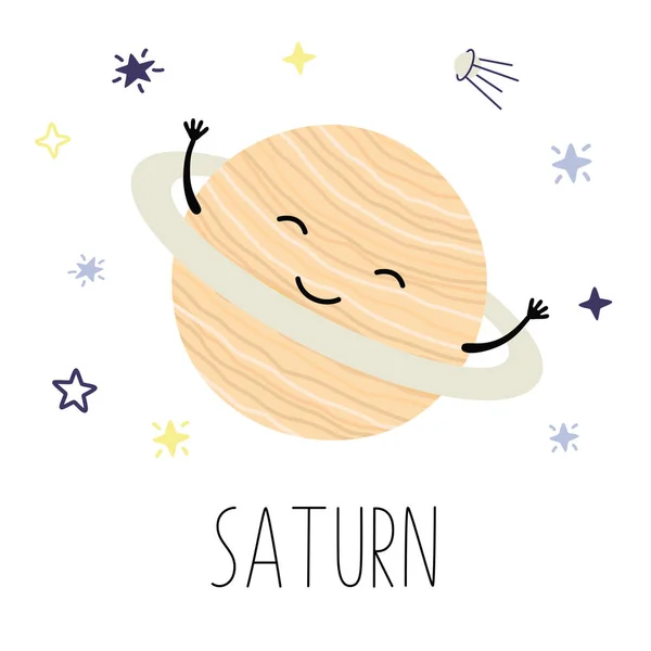 Lindo dibujo animado Saturno, planeta, carácter del vector, sistema solar . — Vector de stock