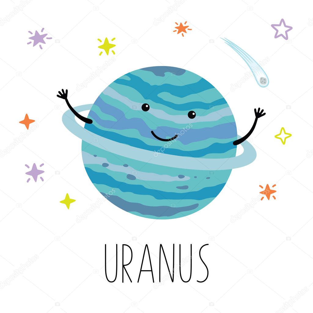 Cute cartoon Uranus, planet, vector character, Solar system. Planet with hands and eyes. Vector illustration for children on white isolated background . Cute print for baby products.