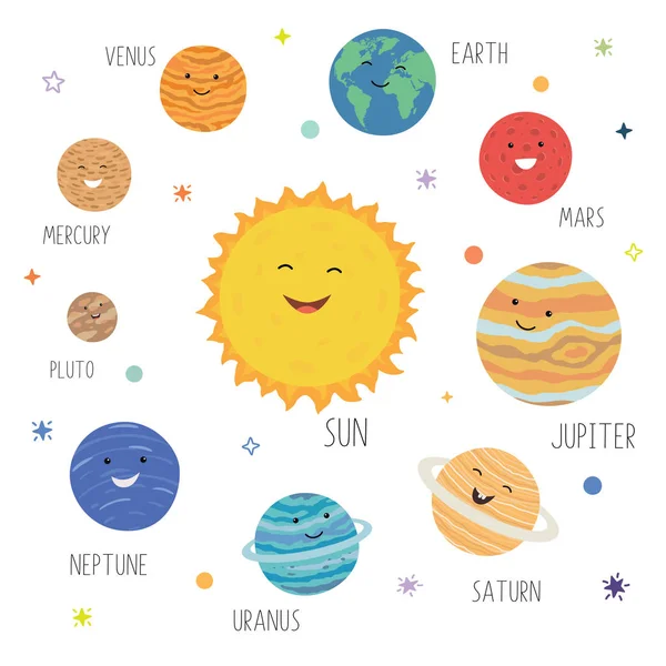 Planetas bonitos com rostos sorridentes engraçados. Sistema solar com planetas bonitos dos desenhos animados. Universo engraçado para crianças, sol, pluto, marte, mercúrio, terra, vênus, Júpiter, saturno, urano, neptuno . —  Vetores de Stock