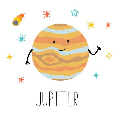 Vektör karikatür karikatür tarzı üzerinde alan yıldız sky mutlu Jüpiter gülümseyen gezegen komik çizim. Çocuk odası, eğitim için poster.