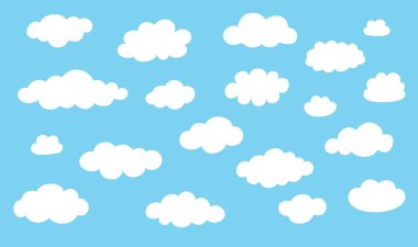 Collection cloud icons. White clouds isolated on blue color background.