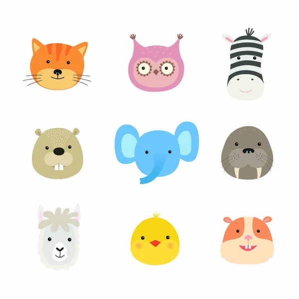 Cartoon schattige dieren voor baby kaart en uitnodiging. Zebra, olifant, walrus, uil, beaver, Lama, kip, hamster, kat. — Stockvector
