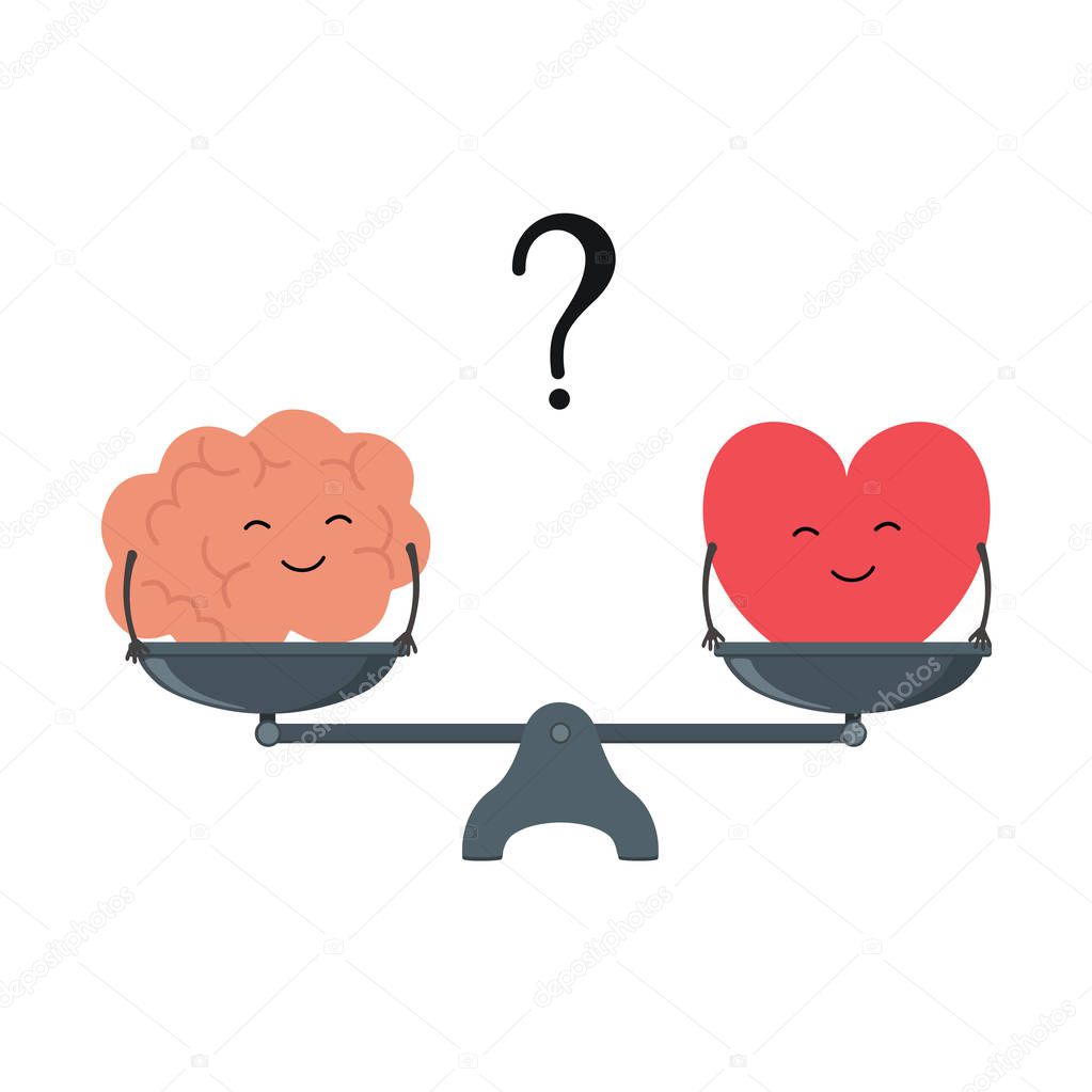 Illustration of the concept of balance between logic and emotion. Cartoon brain and heart with cute faces on a scale. Heart or mind Vector illustration of scales.