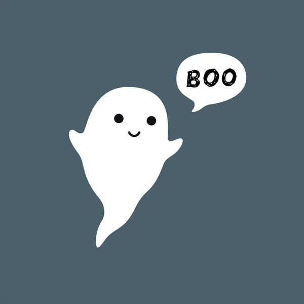 Cute little Ghost latający z biały dymek Boo. Uśmiechniętą twarz, ręce. Płaska konstrukcja. — Wektor stockowy