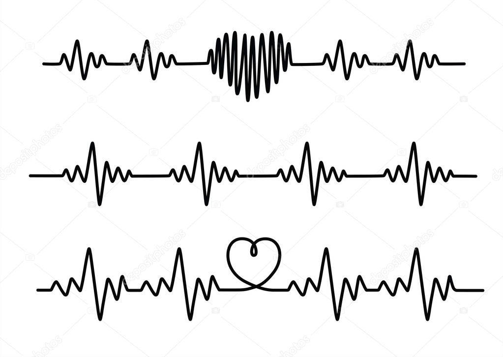 Set black cardiogram lines isolated on white background.