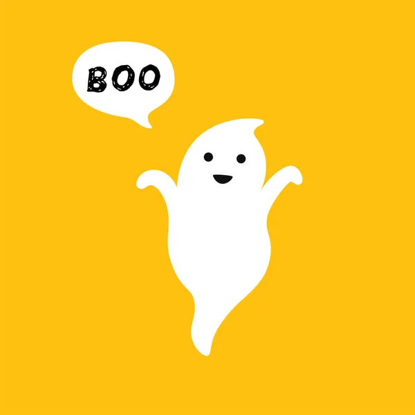 Fantasma volador feliz con burbuja de habla blanca Boo. Cara sonriente, manos. Diseño plano. — Archivo Imágenes Vectoriales