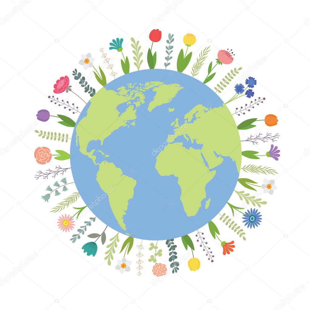 The Earth is surrounded by flowers, Happy Earth Day. Vector illustration on white isolated background