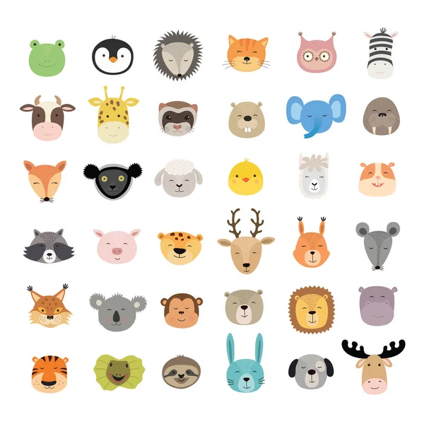 Gran conjunto de caras de animales lindos. Personajes dibujados a mano Ilustración vectorial . — Vector de stock