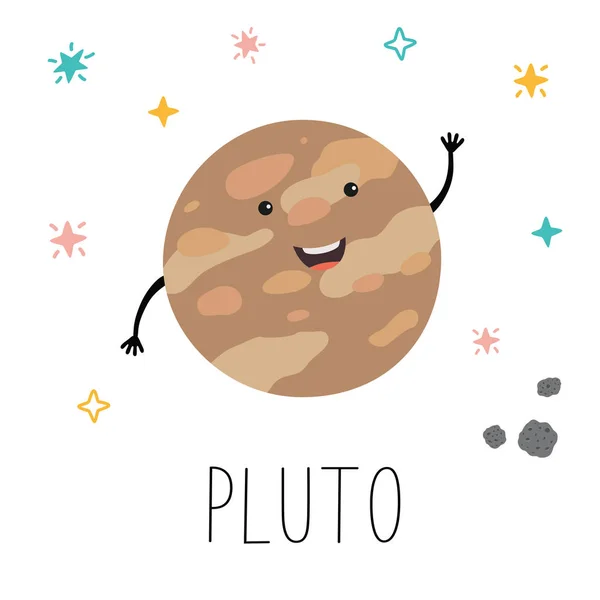 Cartone animato vettoriale divertente illustrazione del pianeta sorridente Plutone felice in stile fumetto piatto sul cielo stellato spaziale. Poster per camera dei bambini, educazione . — Vettoriale Stock