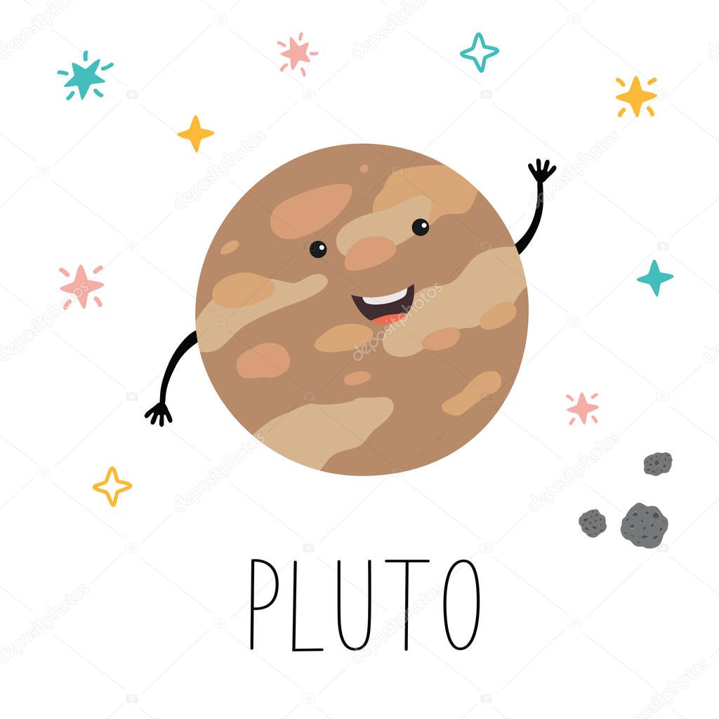 Vector cartoon funny illustration of planet smiling happy Pluto in flat cartoon style on space star sky. Poster for children room, education.