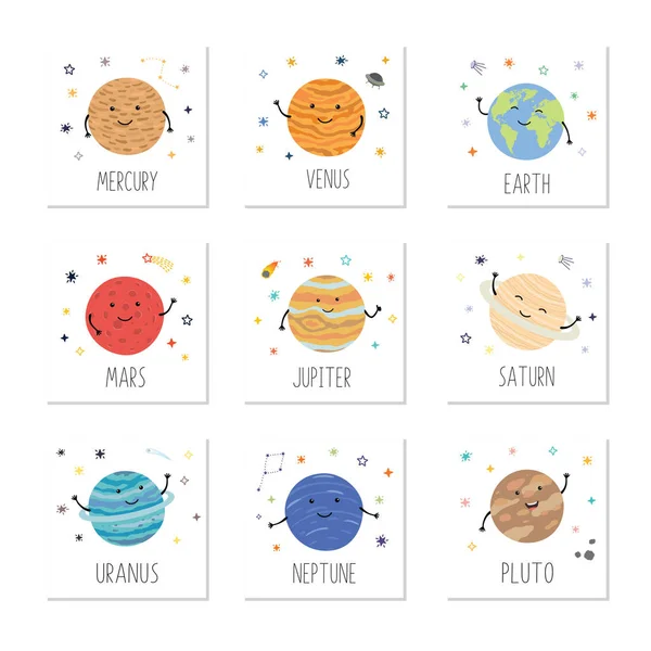 Cartões bonitos para crianças são divertidos planeta, pluto, marte, mercúrio, terra, vênus, Júpiter, saturno, urano, neptune . —  Vetores de Stock