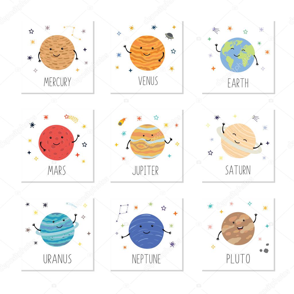 Cute cards for kids are fun planet, pluto, mars, mercury, earth, venus, jupiter, saturn, uranus, neptune.