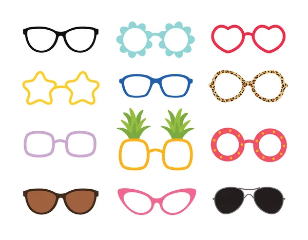Conjunto de óculos bonitos estilo colorido real. Ícone de óculos de sol de festa em estilo plano. Modelos de concepção . — Vetor de Stock