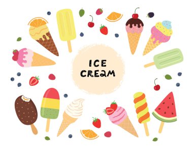 Dondurmalı meyve ve çilek kümesi. Tasarımınız için farklı dondurma.