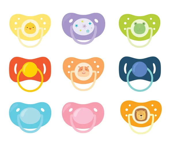 Set of childrens pacifiers. Baby care equipment. Vector illustration. — Stock Vector