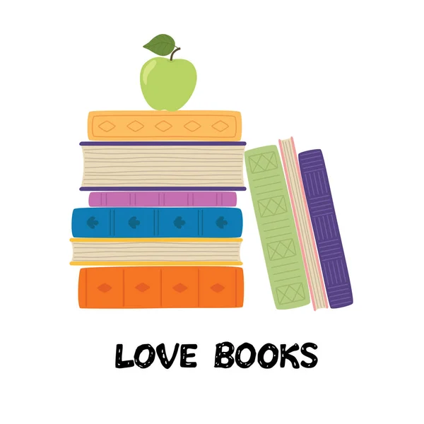 Love books. Stack of books with apple. Pile of books vector illustration. Icon stack of books in flat style. — Stock Vector