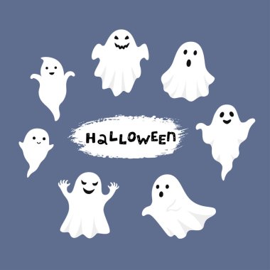 Happy Halloween, Ghost, Scary white ghosts. Cute cartoon spooky character. Smiling face, hands. Blue background Greeting card. clipart