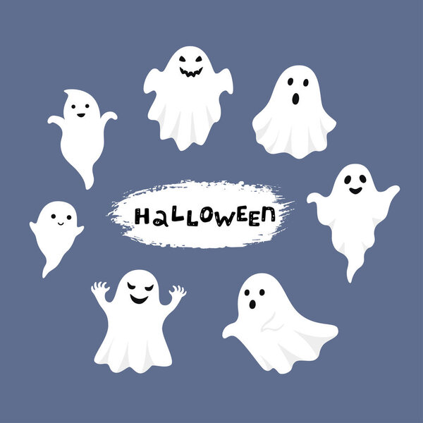 Happy Halloween, Ghost, Scary white ghosts. Cute cartoon spooky character. Smiling face, hands. Blue background Greeting card.